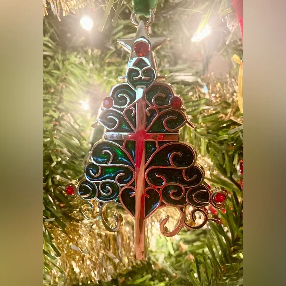 NIB Christmas Cross Tree Ornament - Green/Red/Gold 3.5” x 2.5”